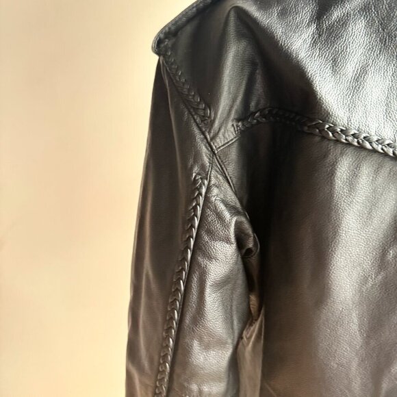 Vintage Black Leather Braided Detail Motorcycle Jacket M/L - Picture 10 of 10